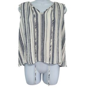 Gilli Cream Navy Blue Stripe Tie Neck Lined Sleeveless Top Size L